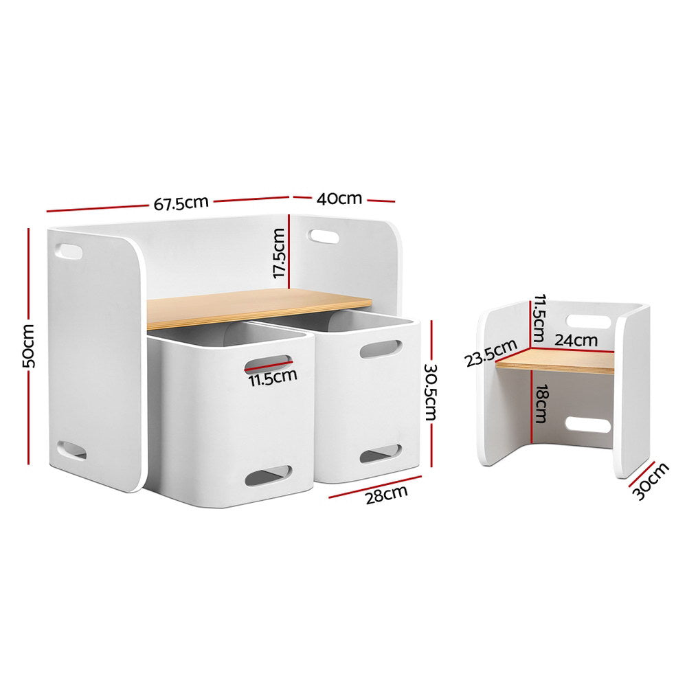 Marlo Kids Table and Chairs Set – White – Storage Desk – 3 Piece