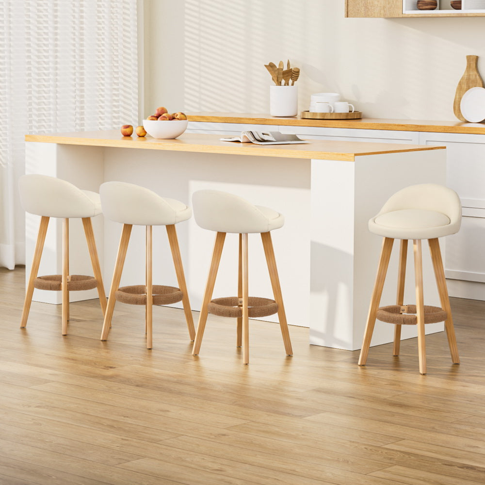 Nova 4x Bar Stools Padded Leather Wooden Beige