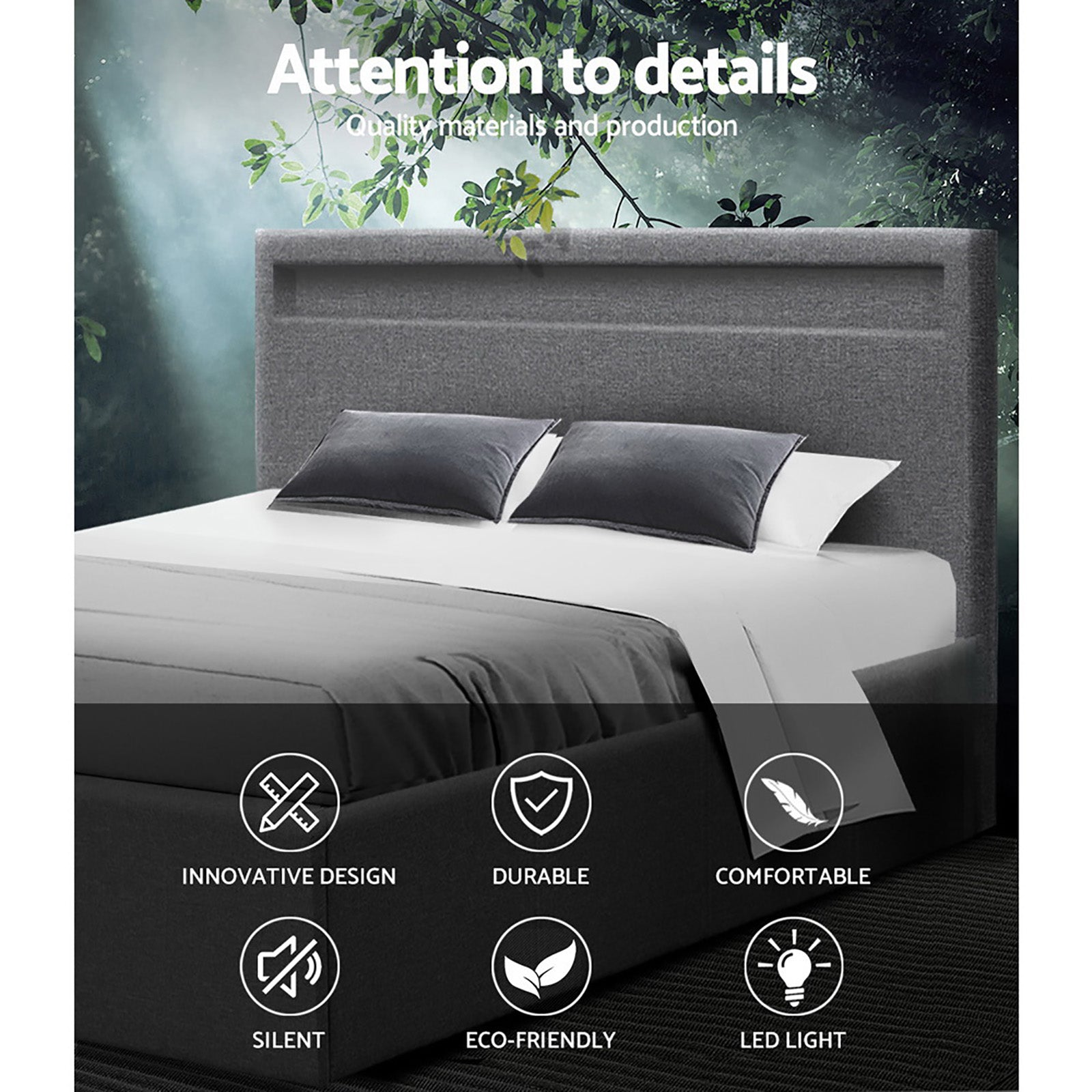 Harbor Gas Lift LED Bed Base – Grey – Queen