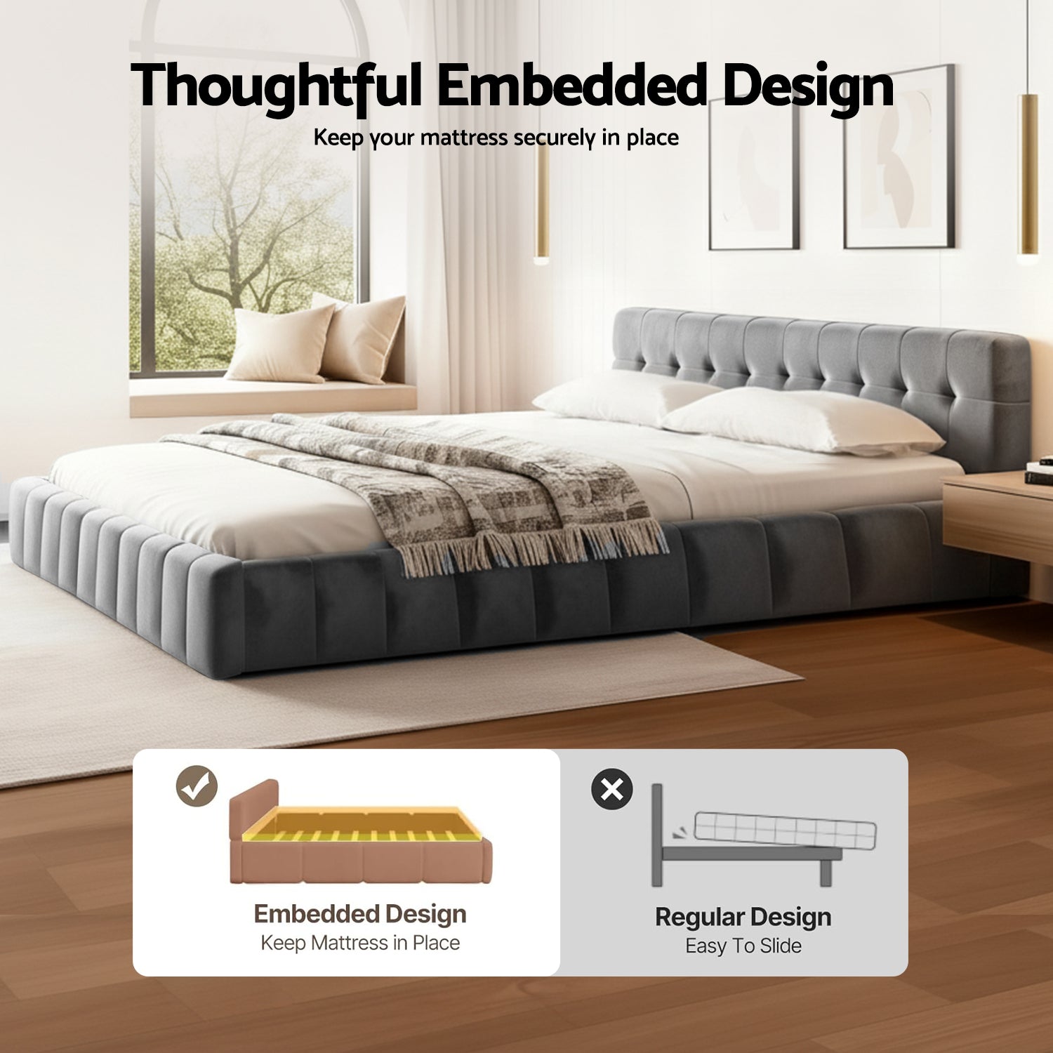 Cove Platform Bed Frame with Cloud Headboard – Grey – King