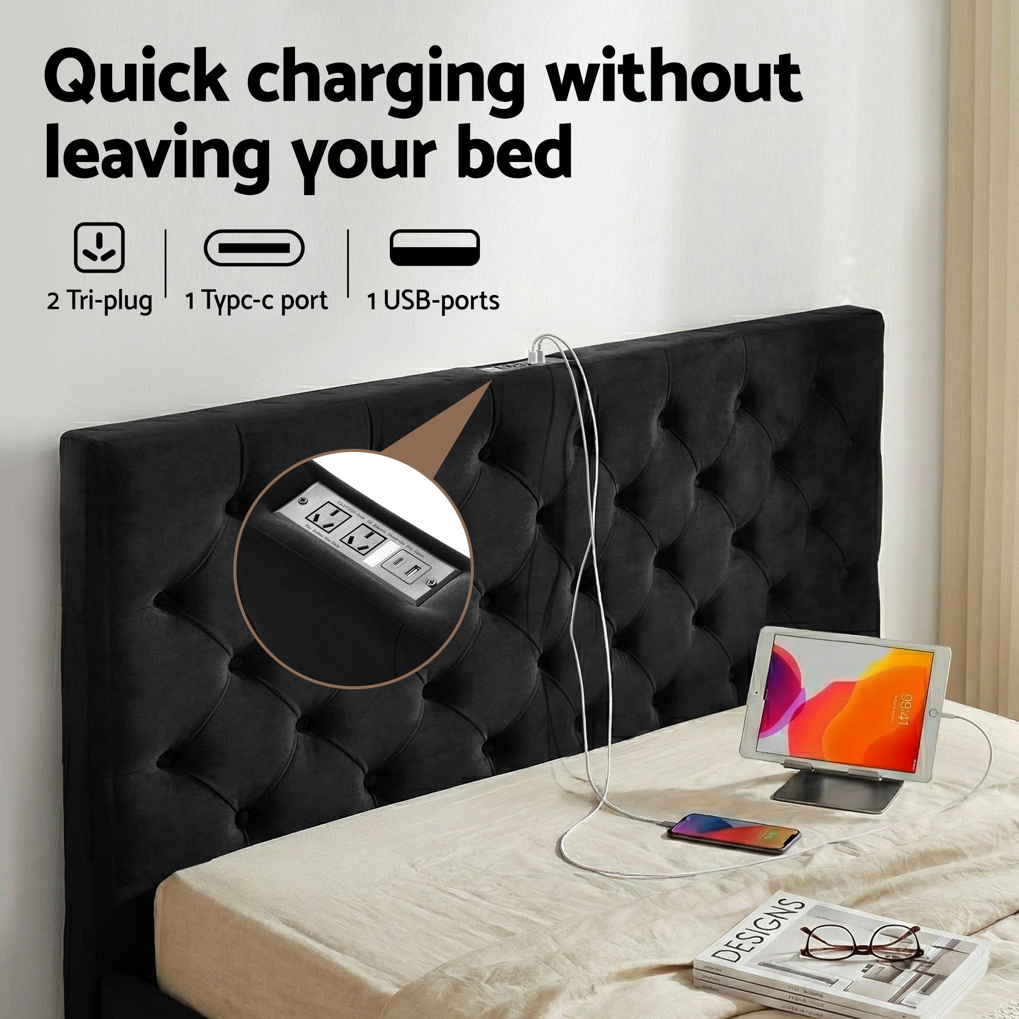 Luna Storage Bed Frame with Charging Station and 3 Drawers – Grey – Double