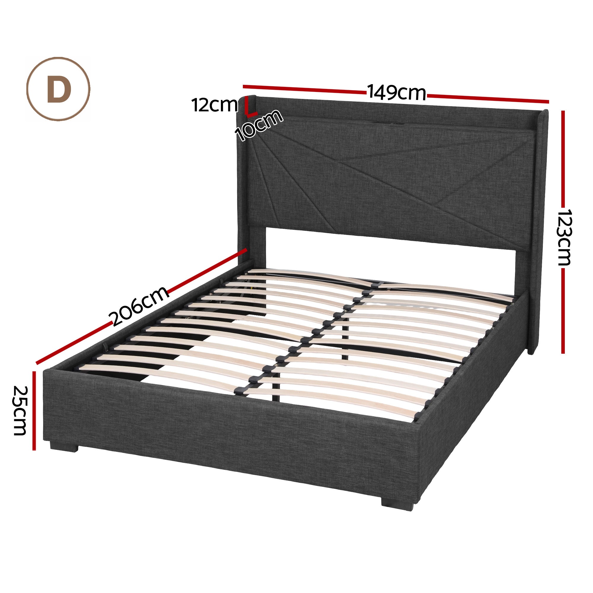Morfei Gas Lift Storage Bed Frame with Charging Station – Charcoal Grey – Double