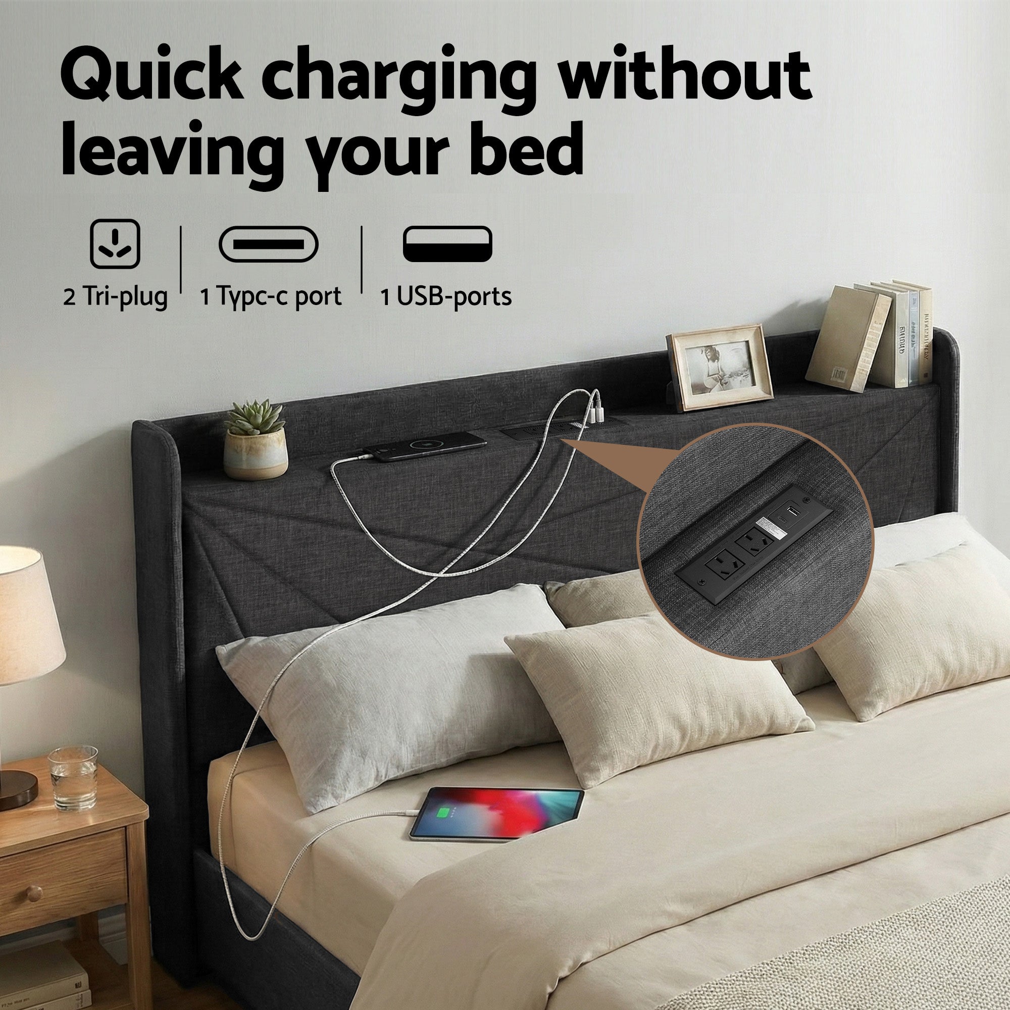 Morfei Gas Lift Storage Bed Frame with Charging Station – Charcoal Grey – King