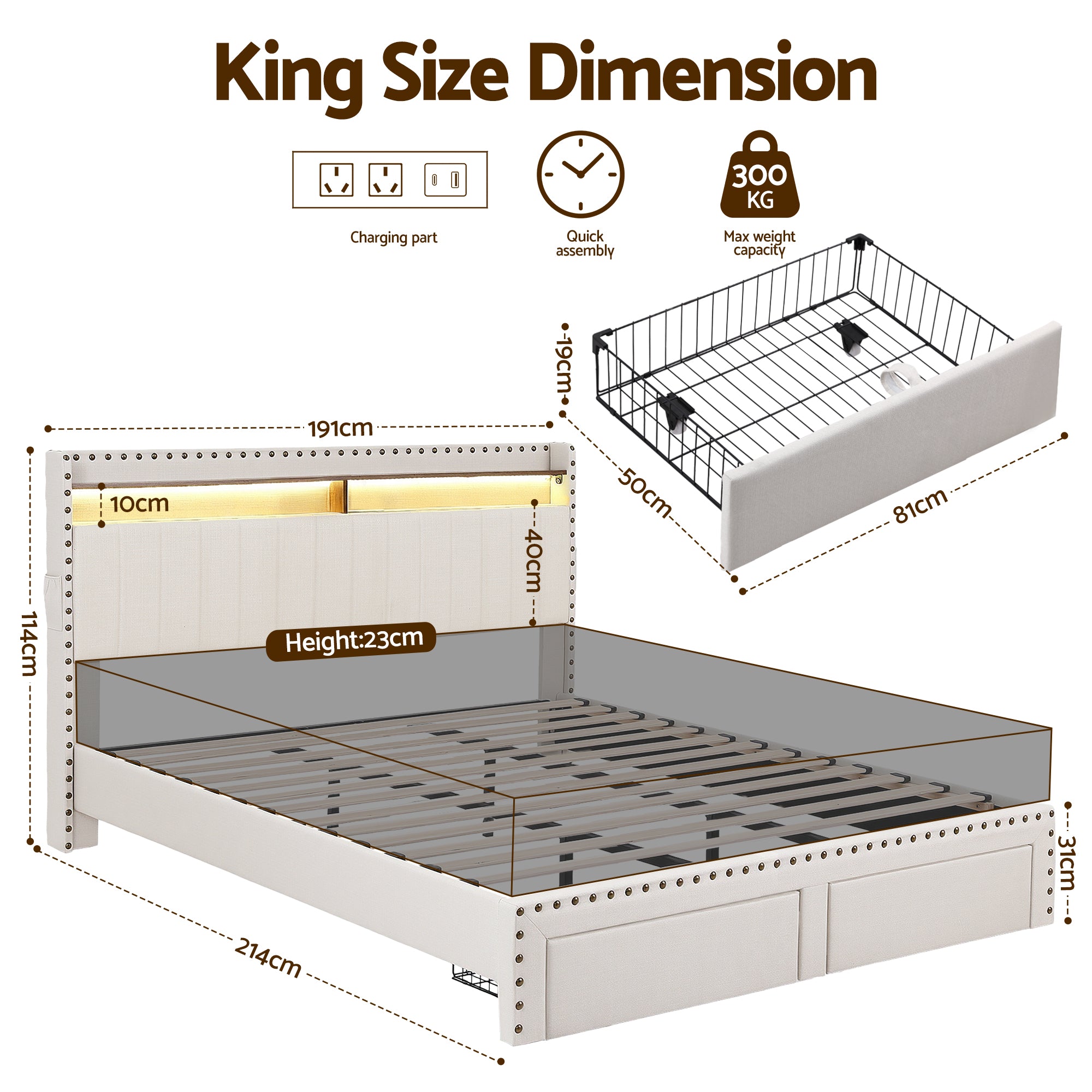 Arlo Gas Lift Storage Bed Frame – Beige – King