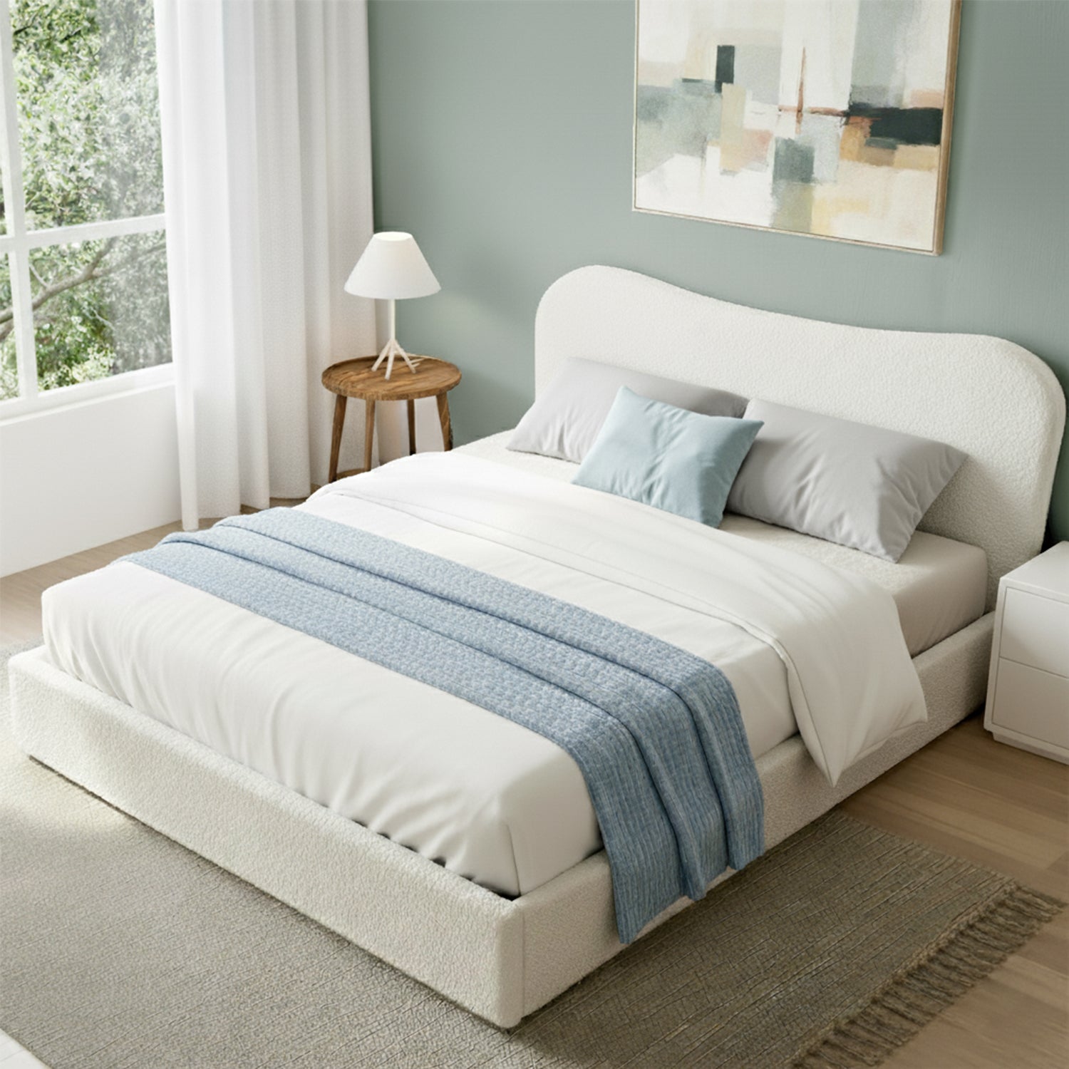 Cove Bed Frame with Gaslift Storage Wooden Platform Mattress Base Boucle Upholstered White – Double