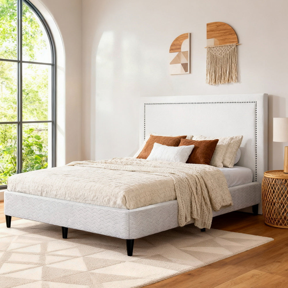 Nova Bed Frame with Headboard Platform Bed Base Grey Beige Fabric Metal – Queen