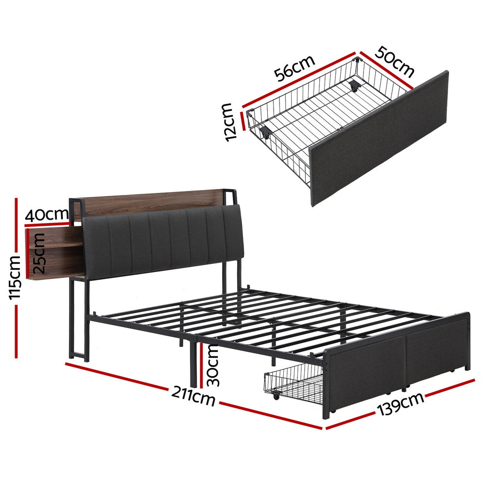 Rowan Storage Bed Frame with Charging Station – Grey – Double
