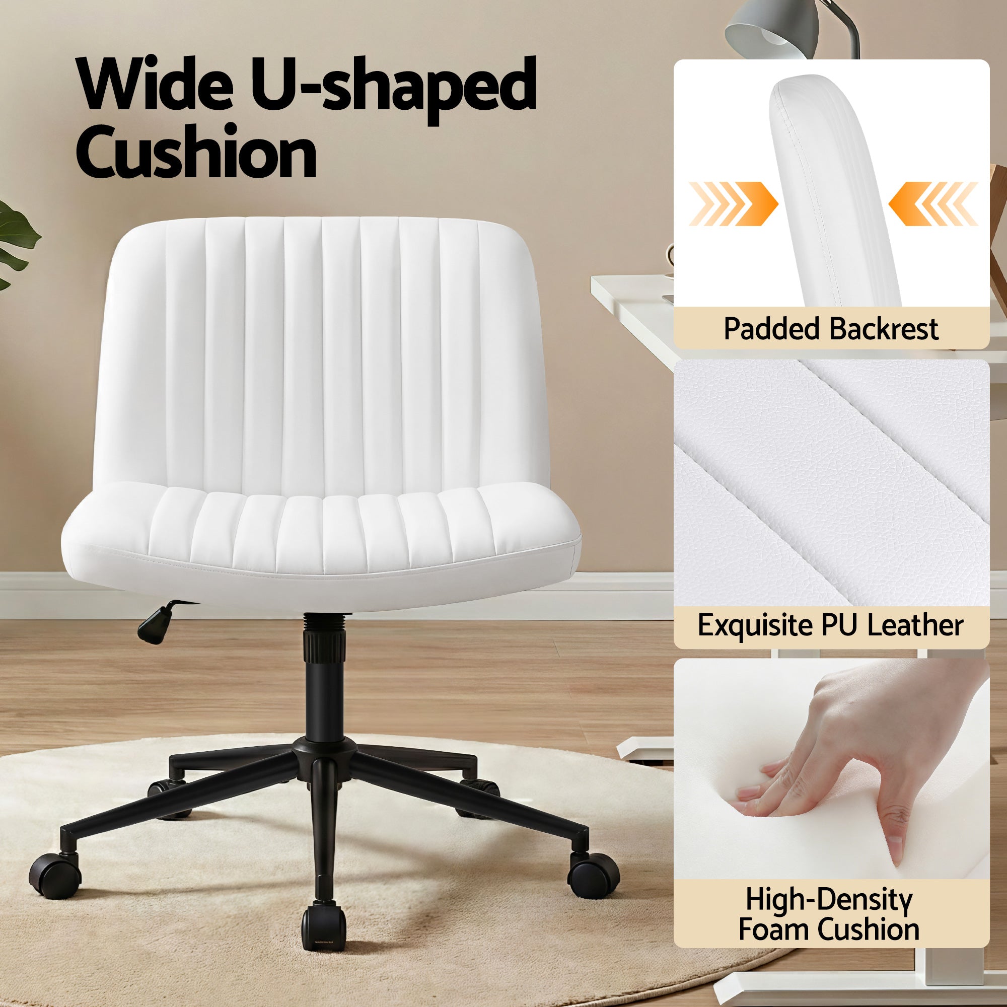 Serano Cross-Legged Office Chair – White – With Wheels