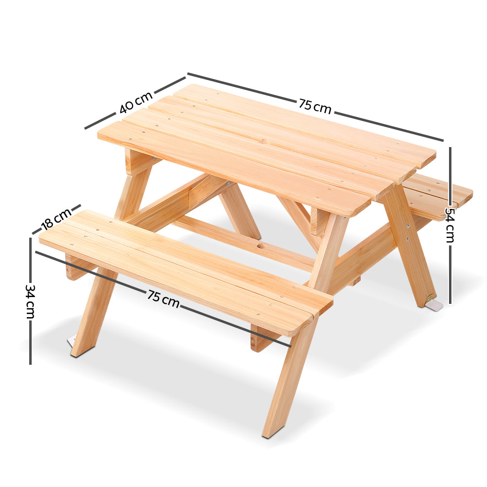Solara Kids Picnic Set with Umbrella – Natural Wood – Table & Benches
