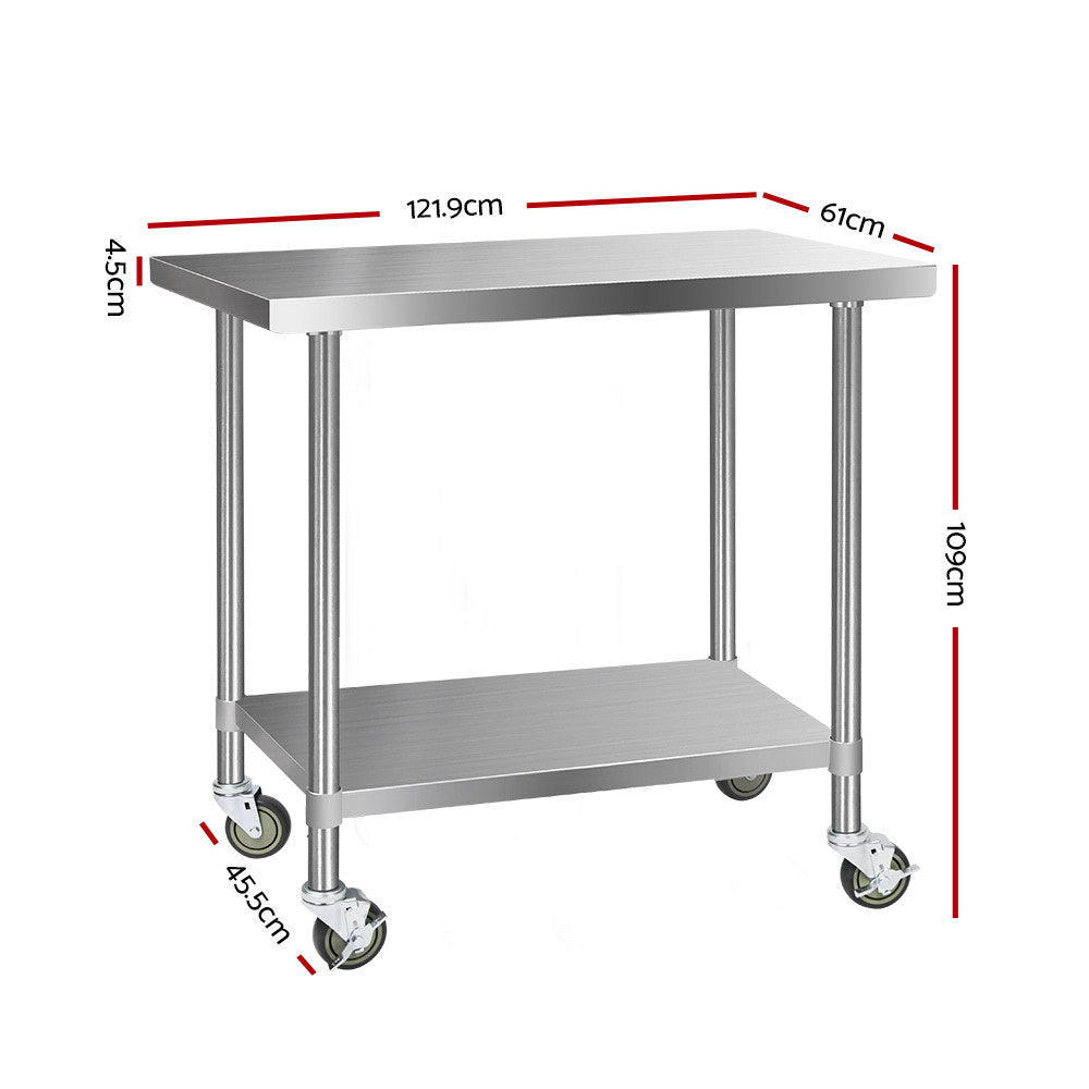 Brookdale Mobile Kitchen Bench with Wheels – Silver – 1219 x 610mm