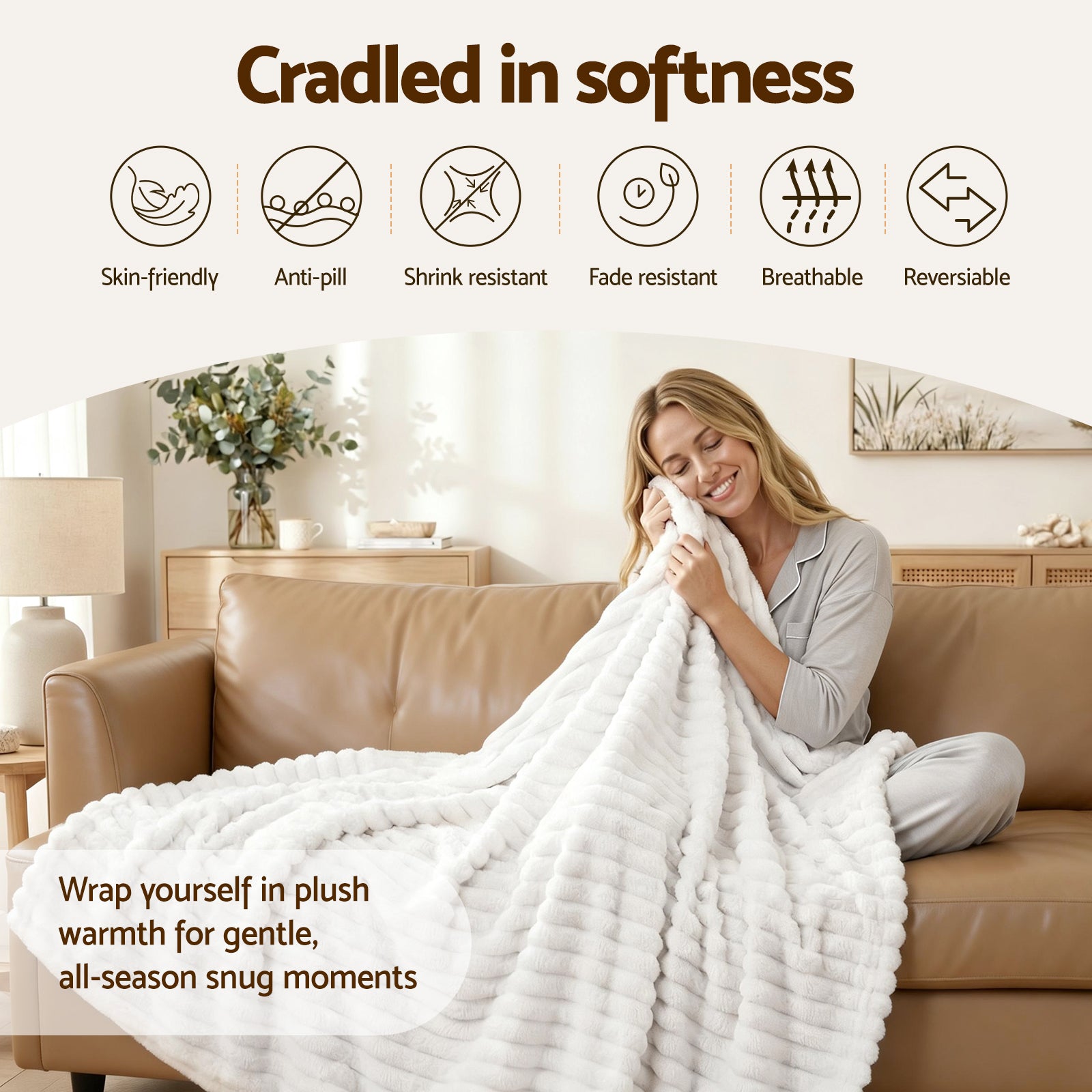 Mirabel Fleece Throw Blanket – White – 127 × 152 cm