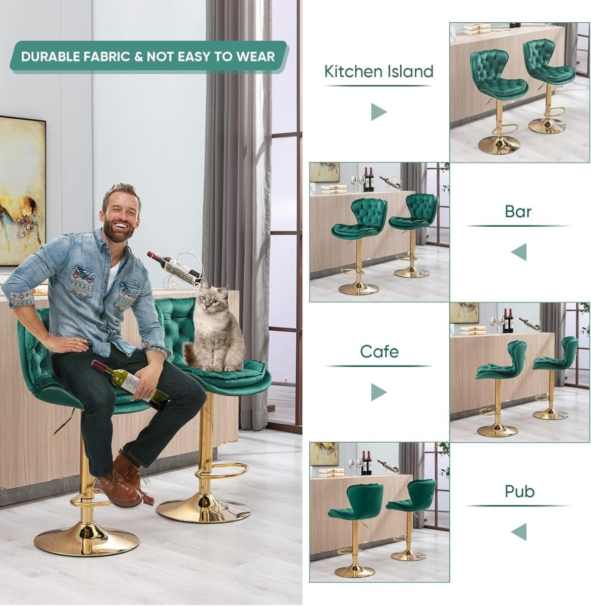 Emerald Velvet Swivel Bar Stools – Green – Set of 2