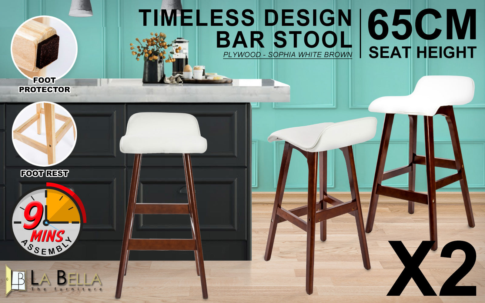 Sophia Leather Bar Stools – White – Set of 2