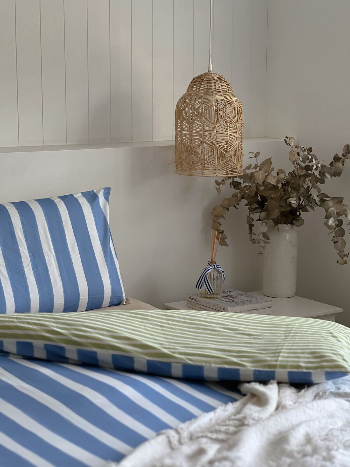 Linden Cotton Quilt Cover Set – Blue Green White Stripe – Single