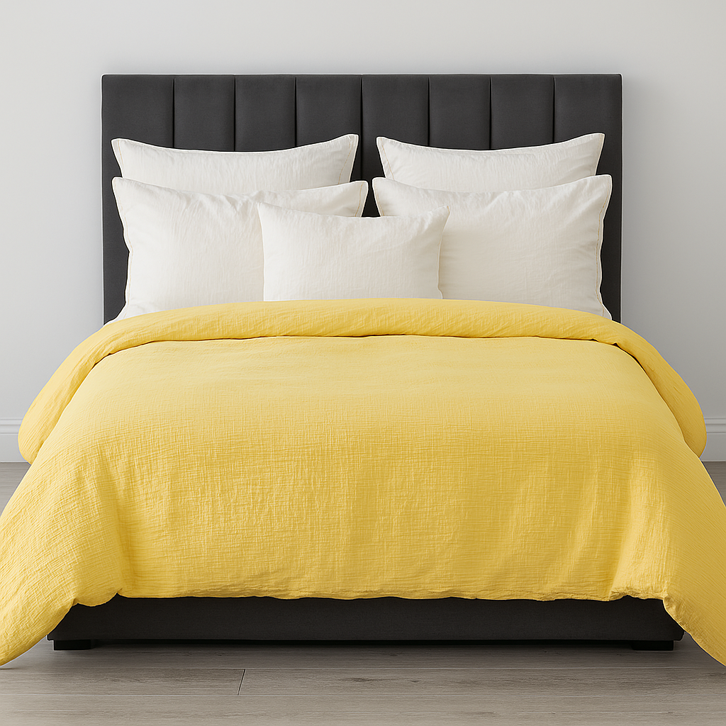 Nova 100% Cotton Muslin Duvet Quilt Cover Set w/ 2 Pillow Cases in Yellow – Double