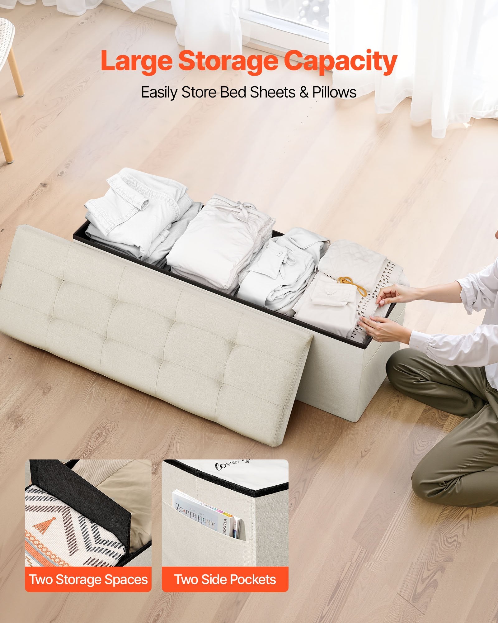 Harlow Foldable Storage Ottoman Bench – Beige