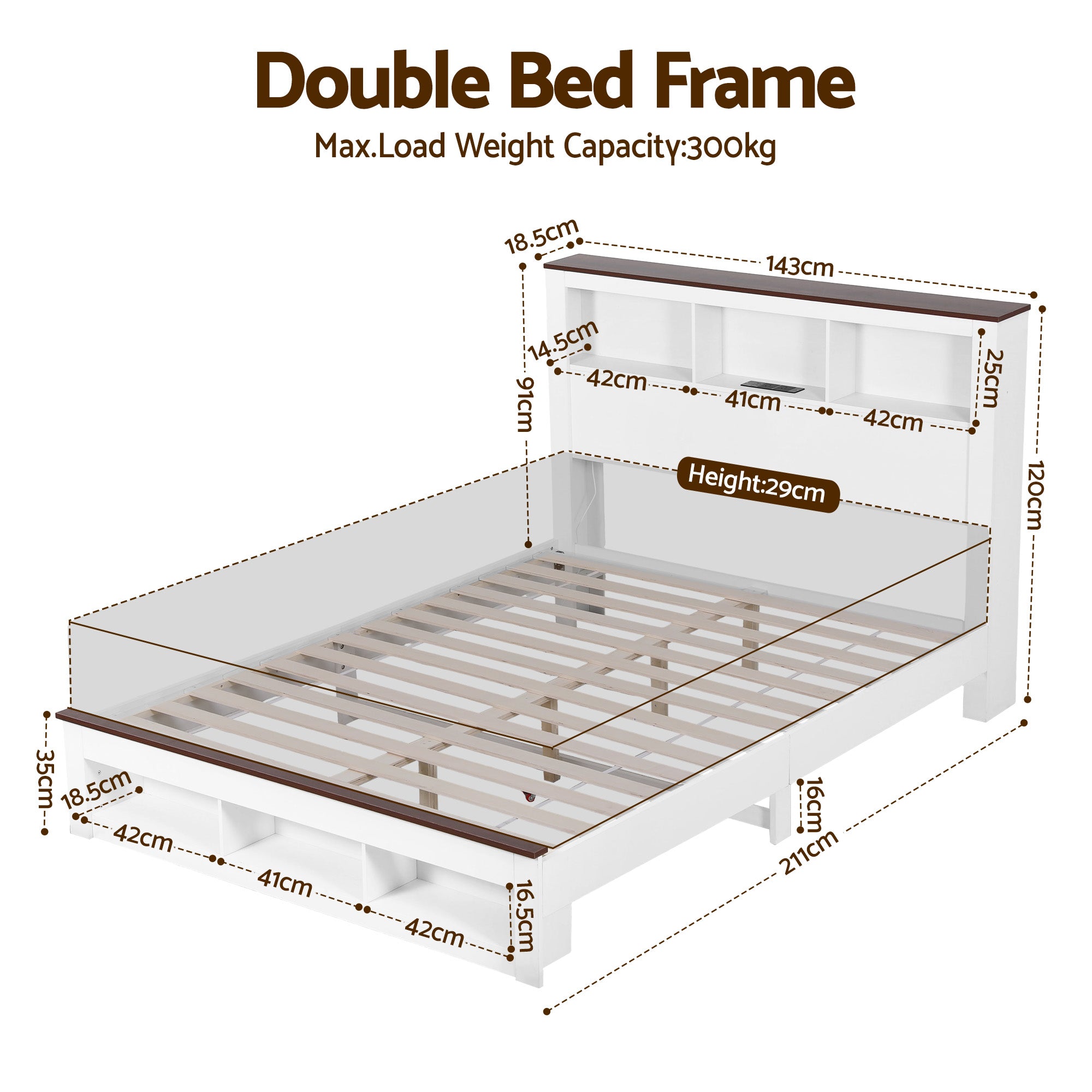 Nova Wooden Bed Frame with Storage, LED & Charging Station – White – Double
