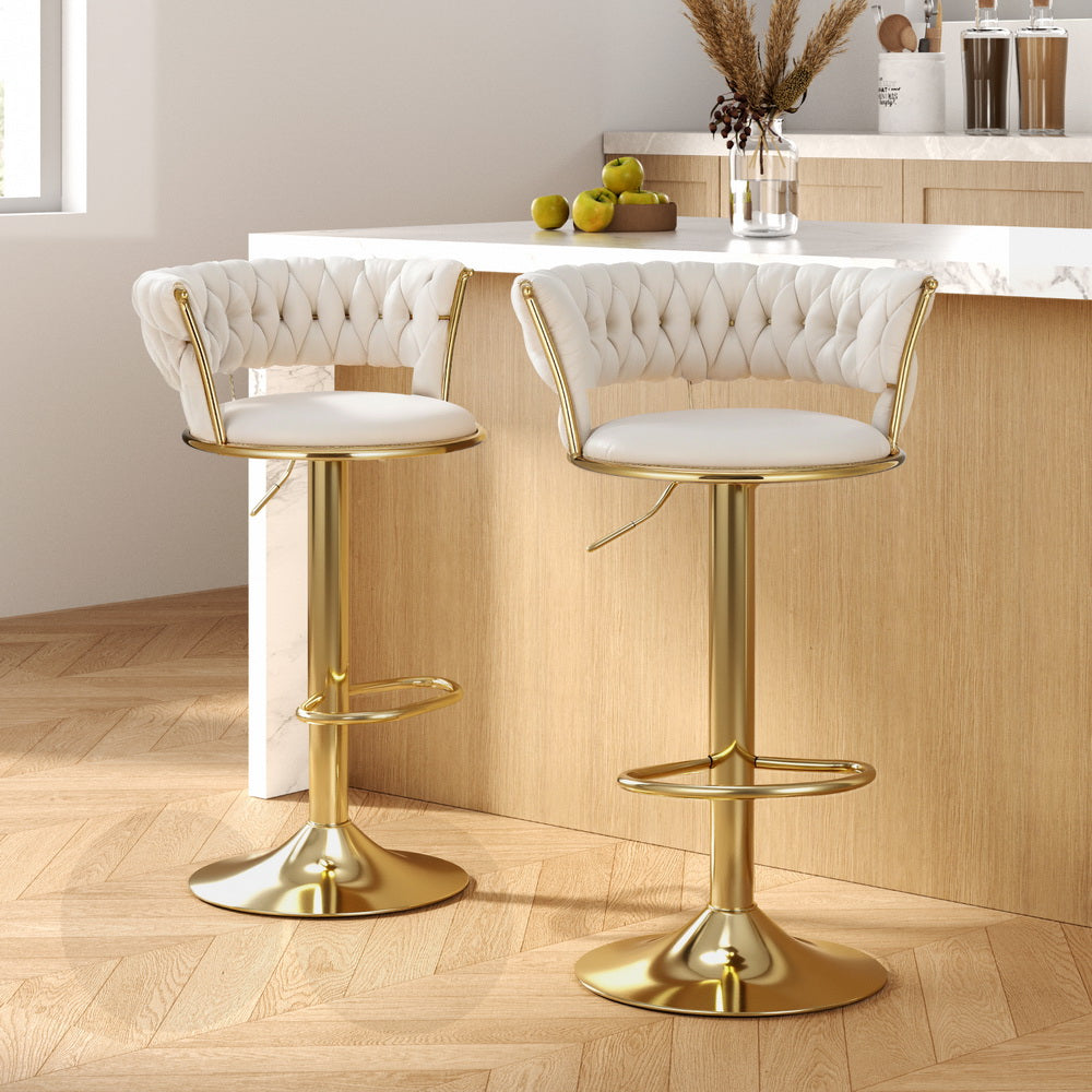 Rowan 2x Bar Stools Gas Lift Velvet Woven Backrest Ivory