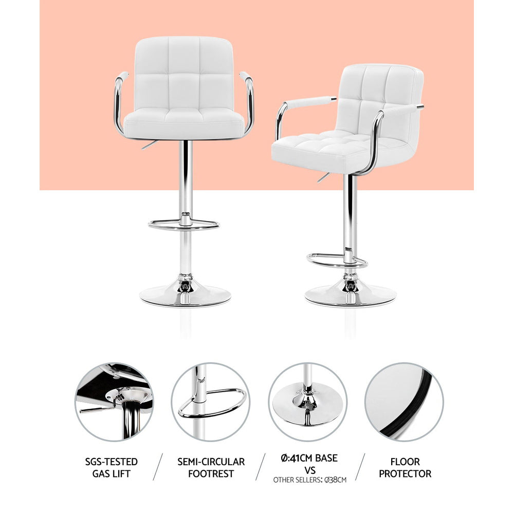 Valentina Gas Lift Bar Stools with Armrests – White – Set of 4
