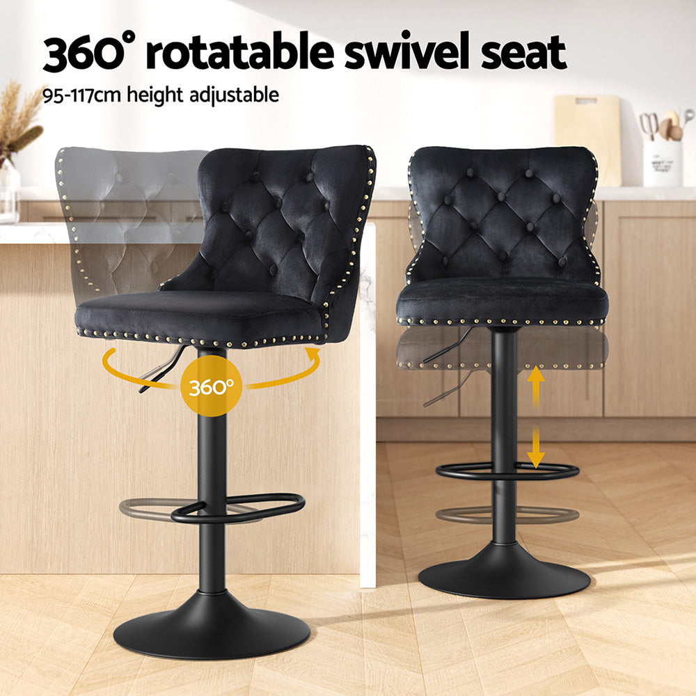Roslyn Velvet Bar Stools with Nailhead Trim – Black – Set of 2
