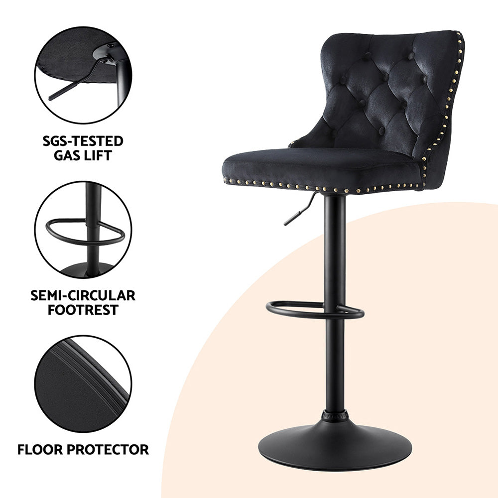 Roslyn Velvet Bar Stools with Nailhead Trim – Black – Set of 2