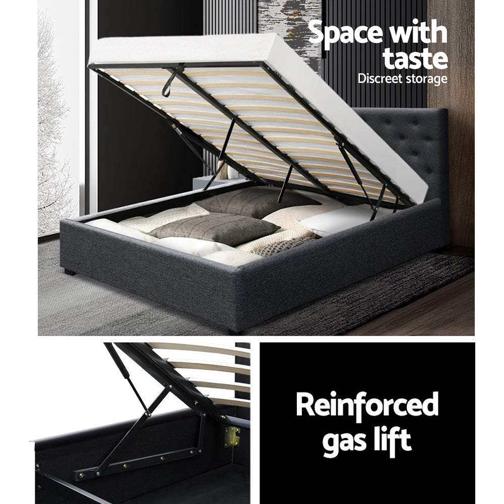 Rowen Linen Gas Lift Bed Frame – Charcoal – Queen