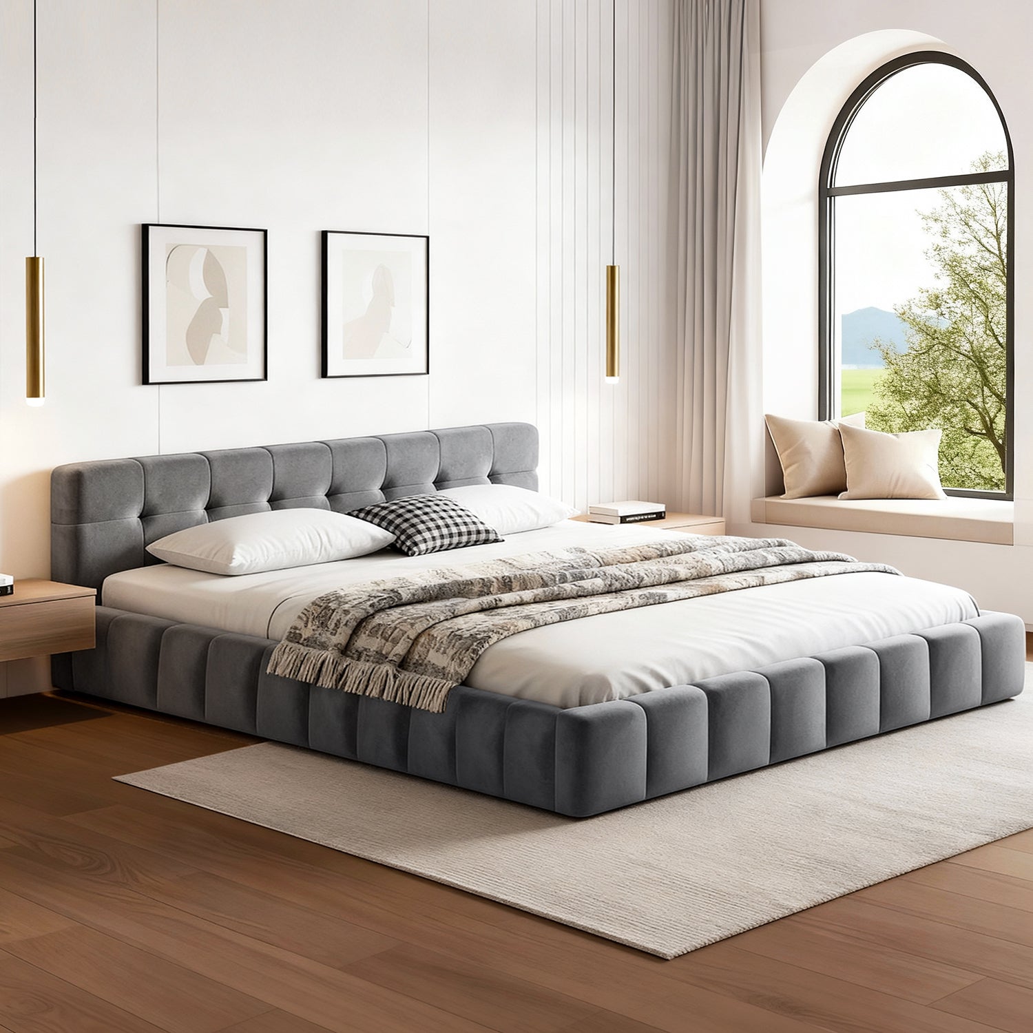 Haven Bed Frame Plush Soft Headboard Velvet Platform Base for Modern Bedrooms Grey – Queen