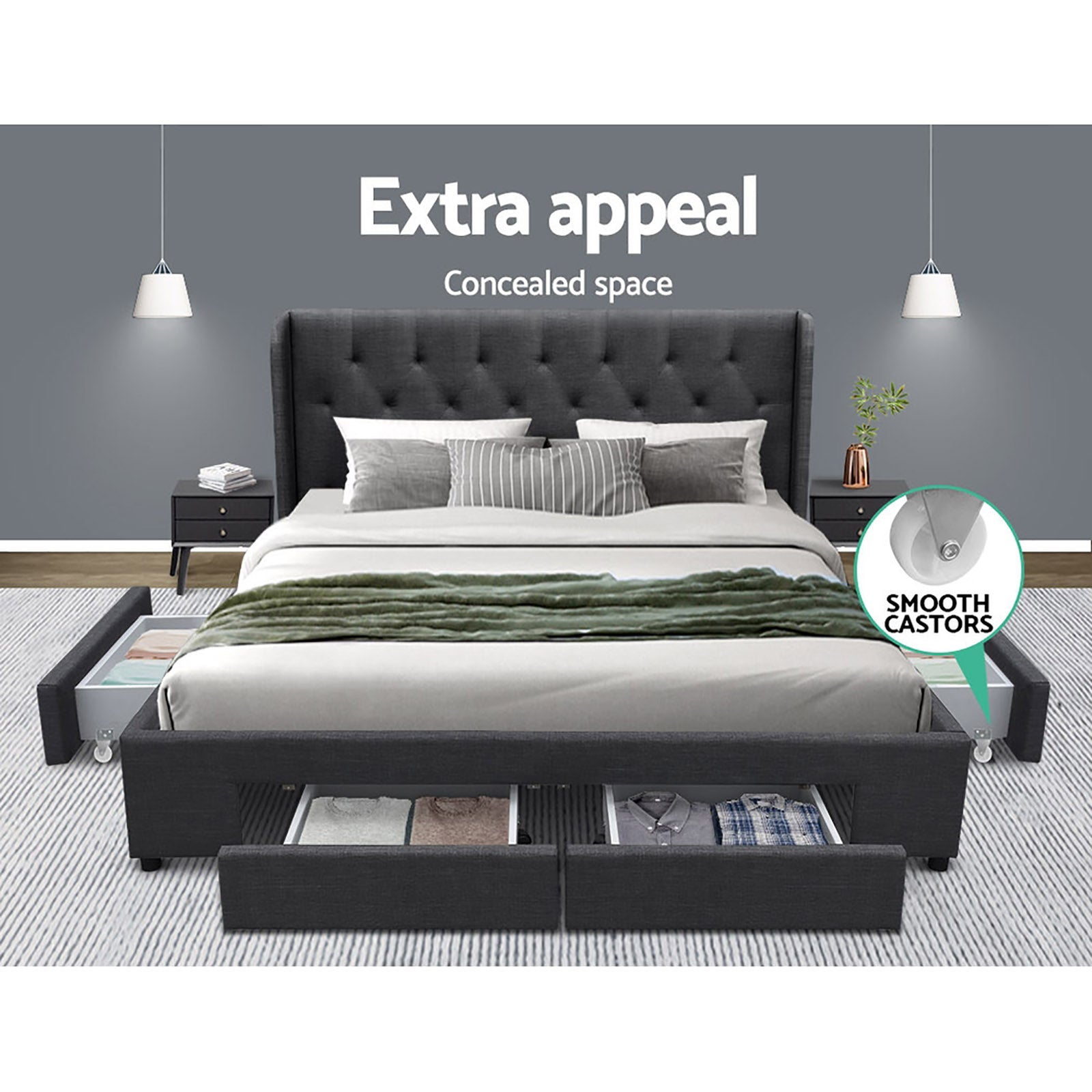 Mila Linen Bed Frame with 4 Drawers – Charcoal – King