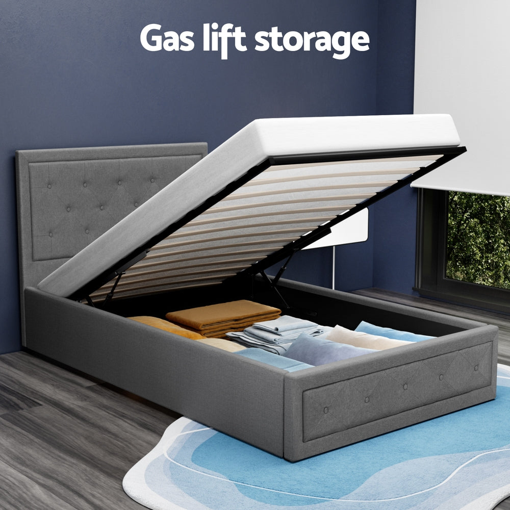 Nara Linen Gas Lift Bed Frame – Grey – King Single