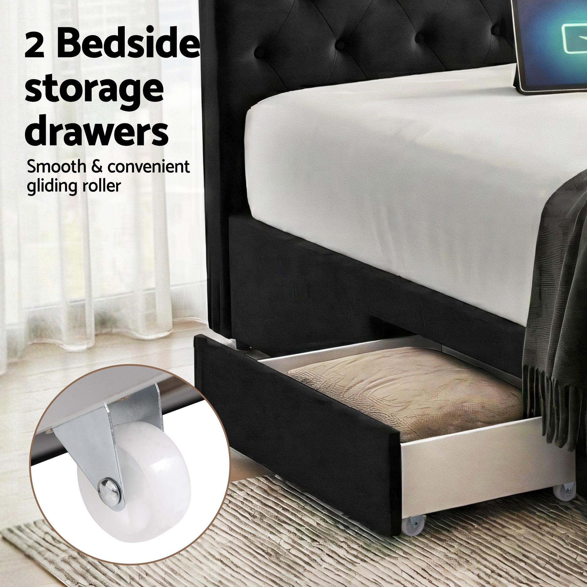 Luna Storage Bed Frame with Charging Station and 3 Drawers – Grey – Double