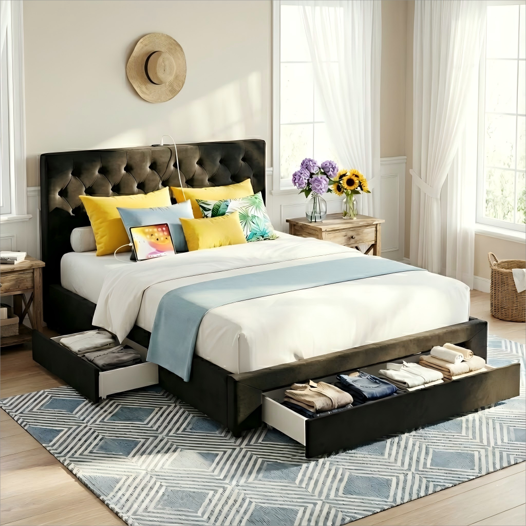 Rowan Bed Frame Storage Charging Station Upholstered 3 Drawers USB Type - C – Queen