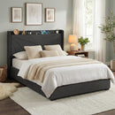 Rowan Bed Frame Gas Lift Storage Bed with Charging Ports Upholstered Geometric Headboard Charcoal Grey – Queen