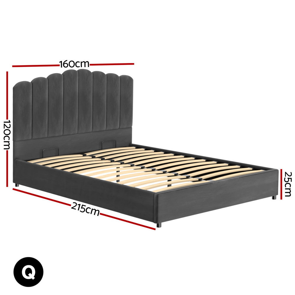 Fion Velvet Gas Lift Bed Frame – Grey – Queen