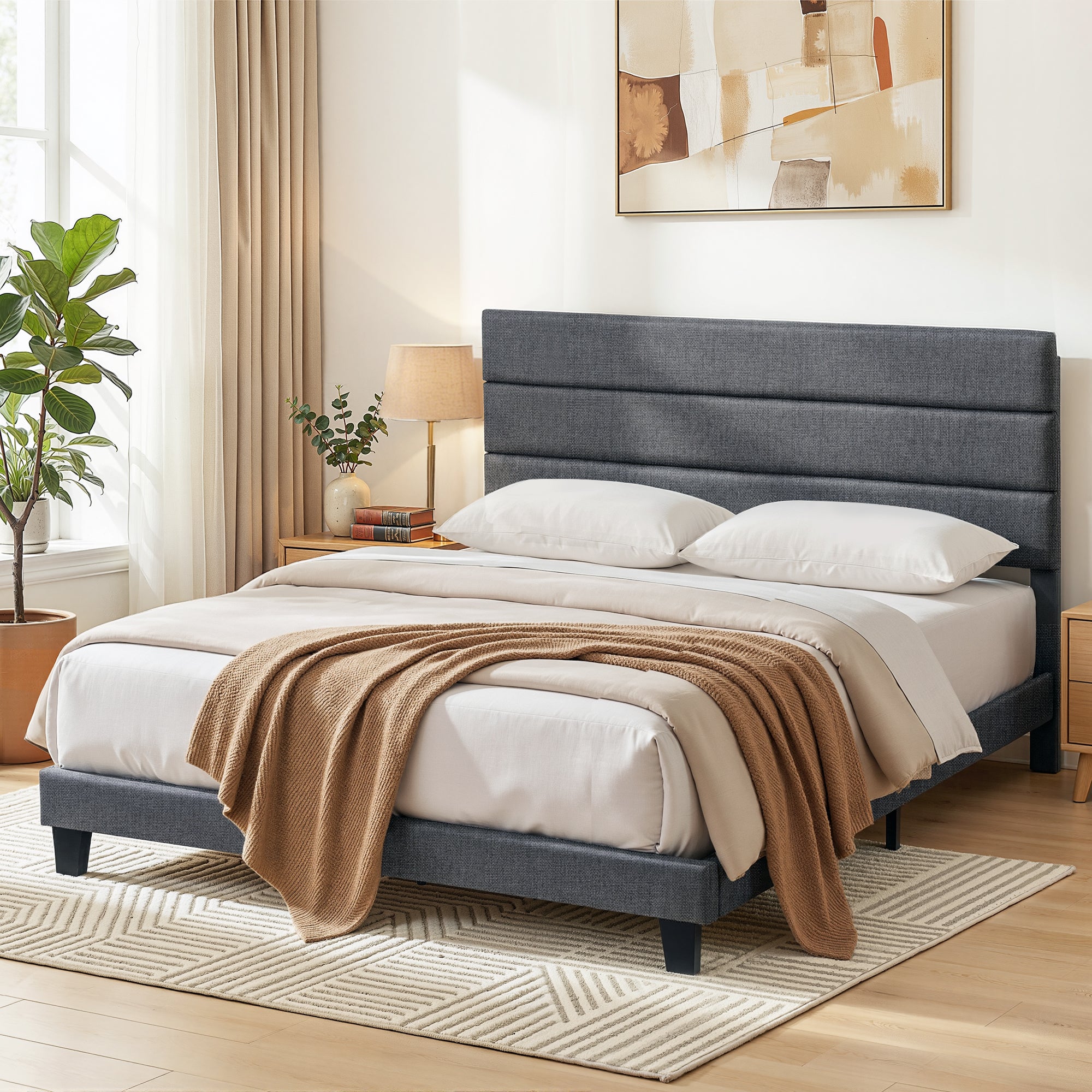 Linden Bed Frame Upholstered Platform Base with Geometric Headboard Charcoal Grey Linen Wood Slats for Modern Bedroom Furniture Home Decor – King