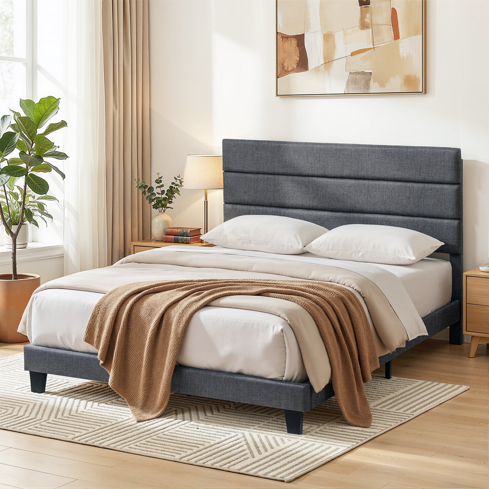 Nova Bed Frame Upholstered Platform Base with Geometric Headboard Charcoal Grey Linen Wood Slats for Modern Bedroom Furniture Home Decor – Queen