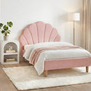 Bed Frame with Bedside Table Set Scallop Headboard Pink Velvet Fabric Beds Base – King Single