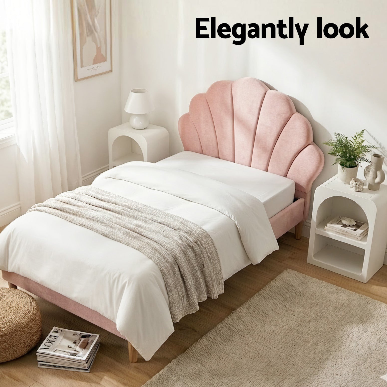 Rosana Bed Frame Set with Scallop Headboard – Pink – King Single