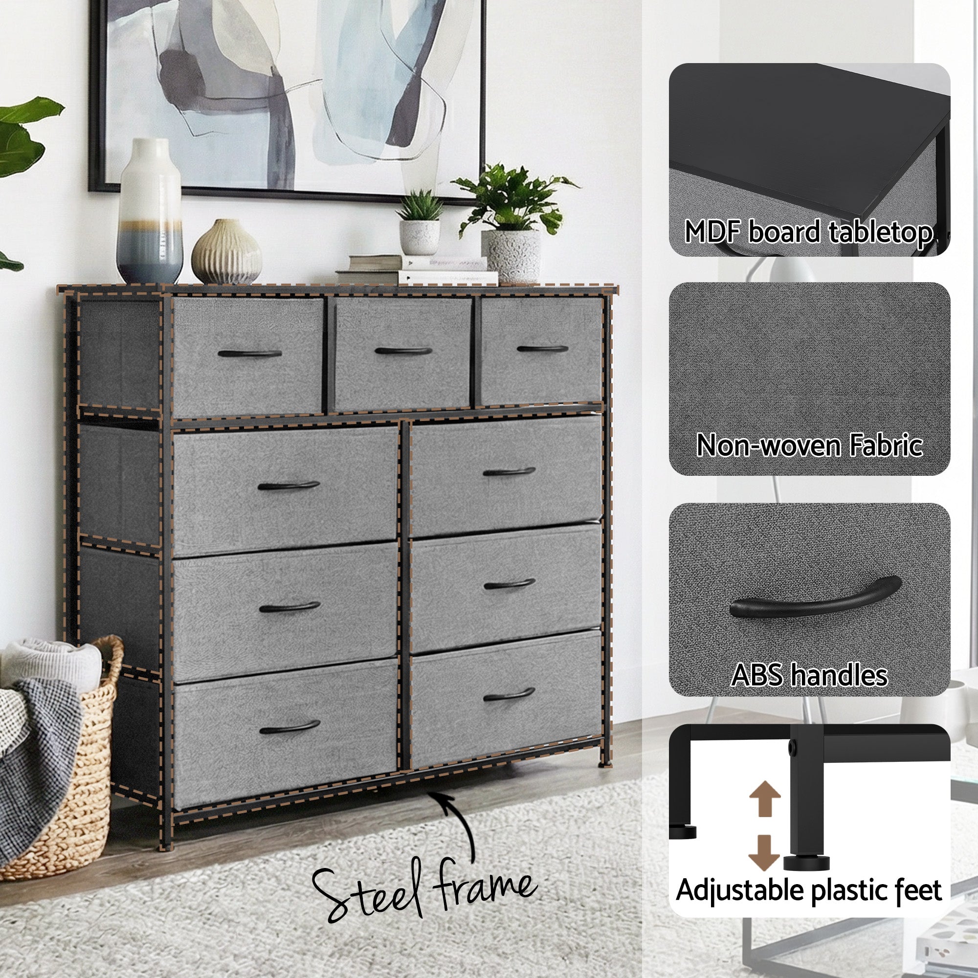 Callan 9-Drawer Storage Chest – Dark Grey
