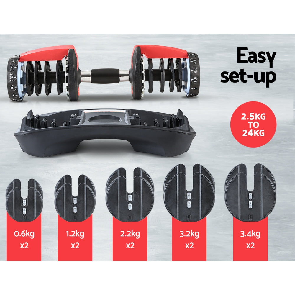 Everfit Adjustable Dumbbells – Black – 24kg Set