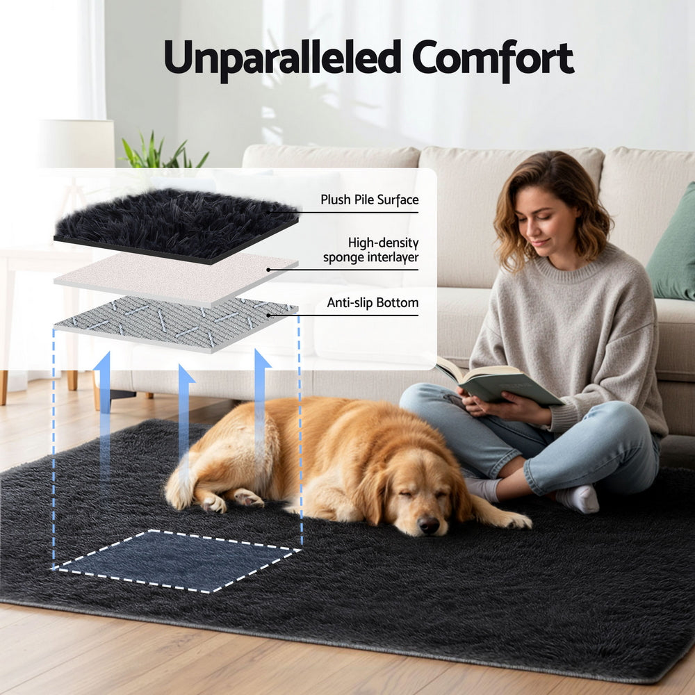 Felton Plush Shaggy Area Rug – Black – 140 × 200 cm