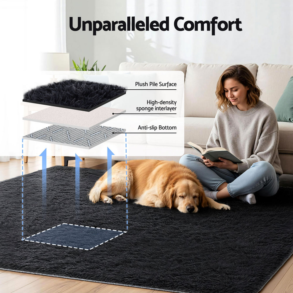 Luxe Shaggy Area Rug – Black – 200 x 230 cm
