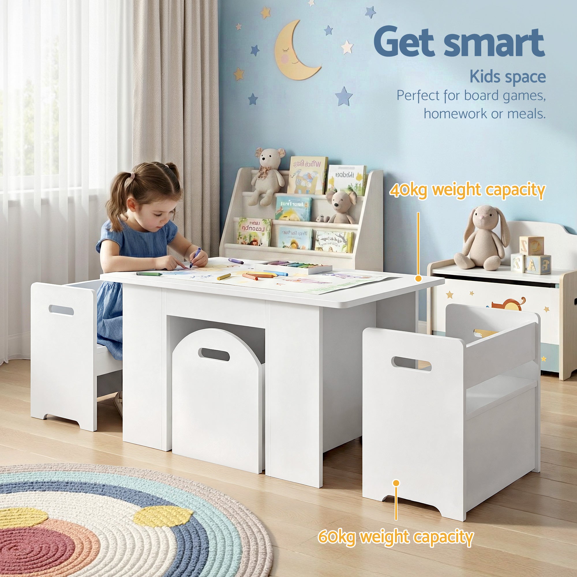Atlas Kids Table and Chairs Set – White – 3 Piece