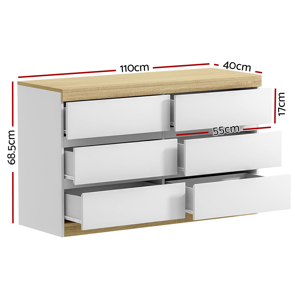Lior 6 Drawer Lowboy – White & Oak – 110 cm
