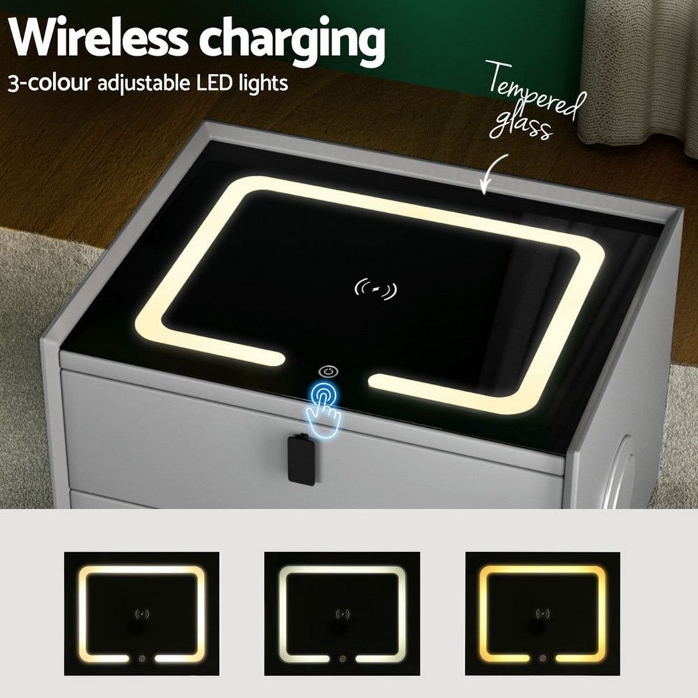 Aika Smart Bedside Table – Grey – LED & Wireless Charging