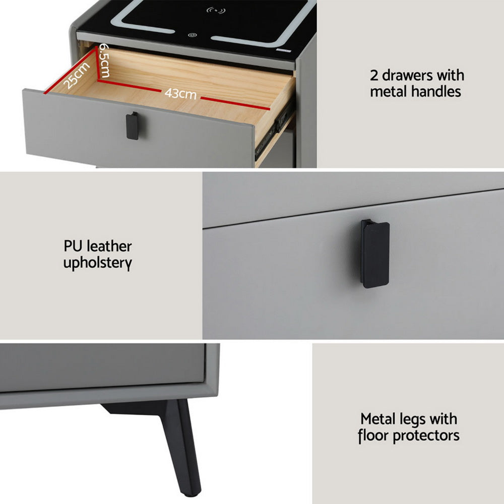 Aika Smart Bedside Table – Grey – LED & Wireless Charging