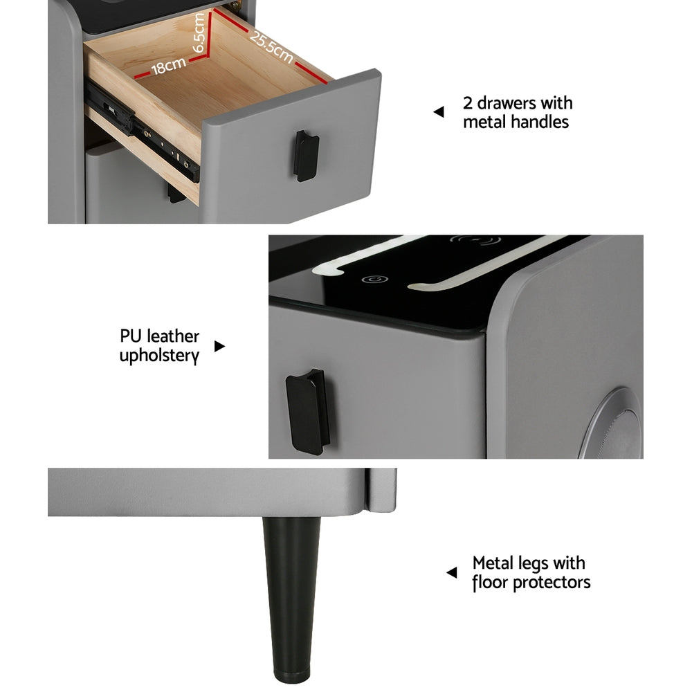 Aida Smart Bedside Table – Grey – LED & Wireless Charging