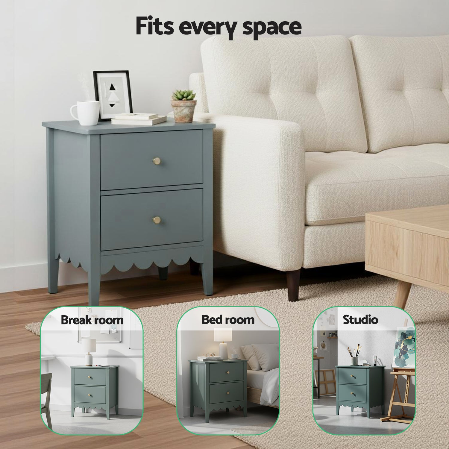 Nara Bedside Table with 2 Drawers – Green – 50 cm