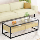 Coffee Table 2 Drawers Glass Tabletop Pine