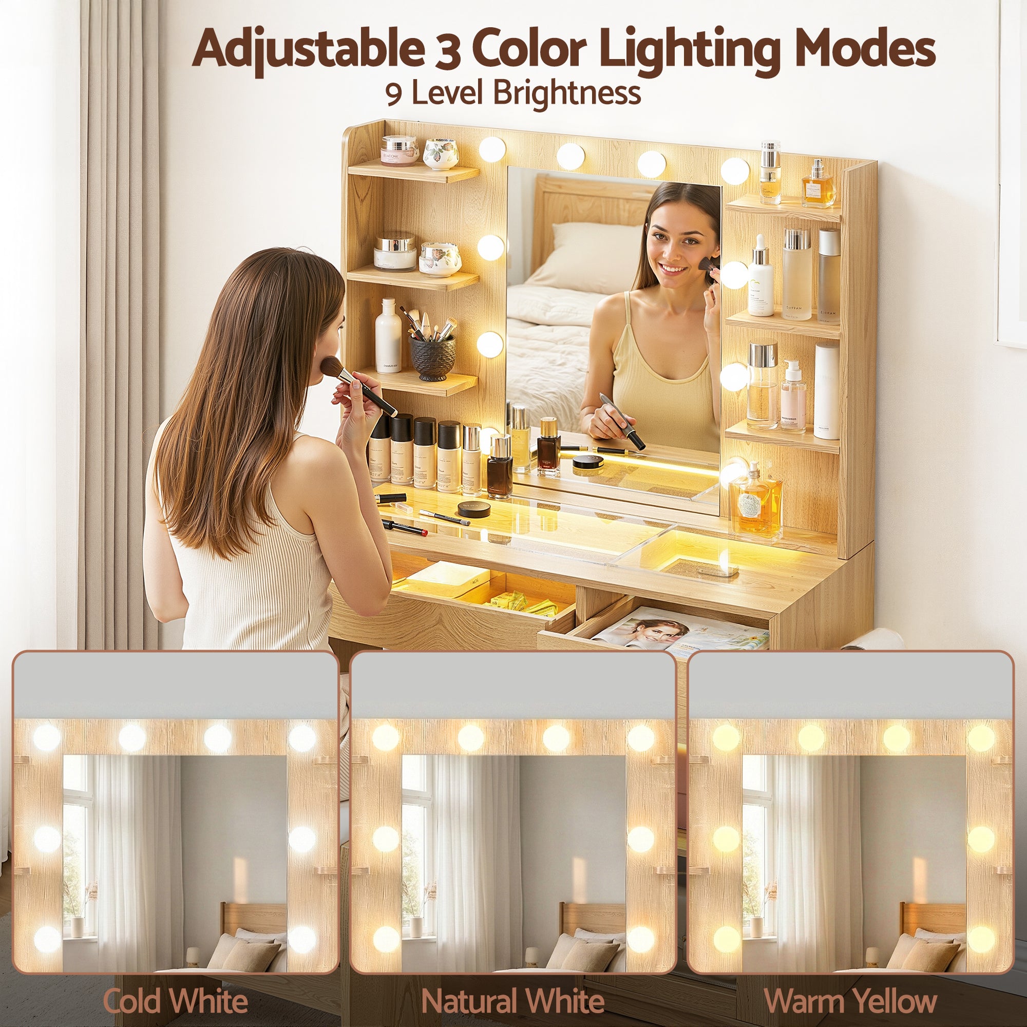 Callan LED Dressing Table Set with Stool – Wood – 90 cm