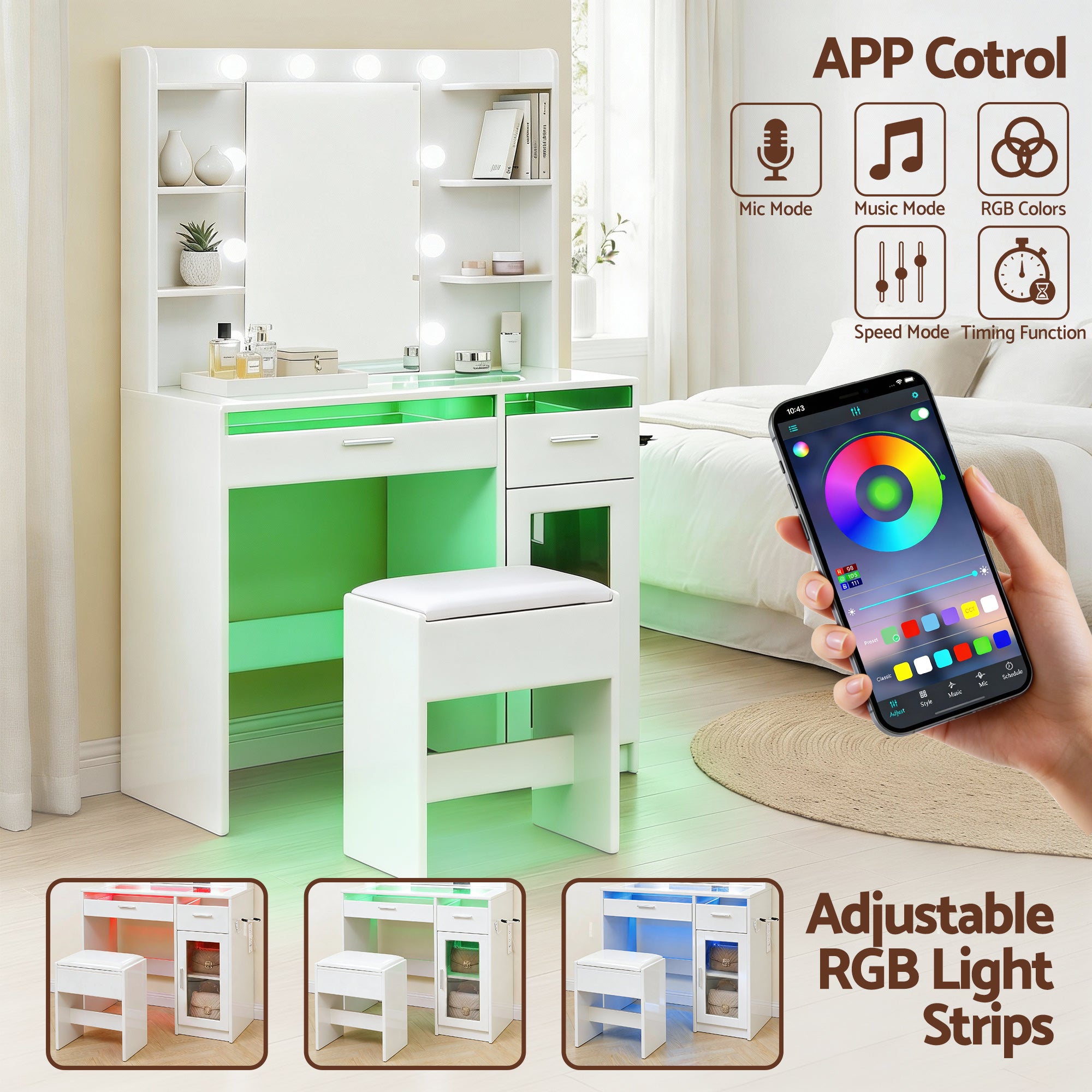 Callan LED Dressing Table Set with Stool – White – 90 cm